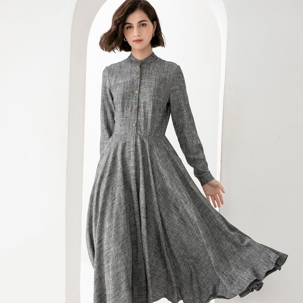 Linen shirt dress, Gray Linen maxi dress, Long sleeve Linen dress, Swing dress with pockets, Work dress, Sprig autumn outwear, Xiaolizi 3831