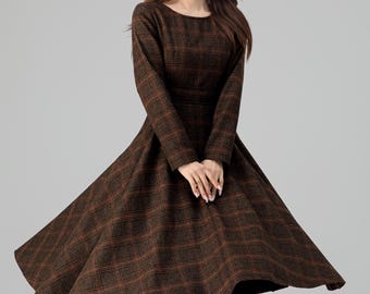 Plaid Wool Midi Dress: Tartan Fit & Flare Long Sleeve, Custom, Xiaolizi 6391#