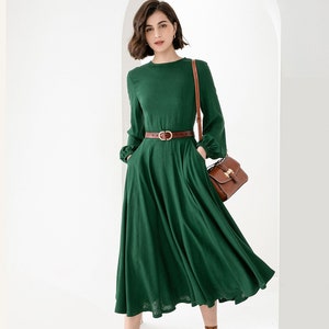 Linen dress, Women's Swing Linen Midi dress, Fit and flare dress, Modest Dress with pockets, Spring dress, Custom made dress, Xiaolizi 5104 2-green