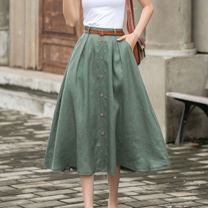 Linen skirt, Midi skirt, Green Button front Skirt, Womens Linen midi skirt, A-Line Skirt, Plus size Skirt with Pockets, Xiaolizi 3697 image 1