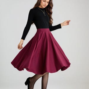 Falda circular de lana, falda midi de lana burdeos, falda de lana para mujer, falda con vuelo, falda de cintura alta personalizada, falda de otoño invierno, Xiaolizi 5362#