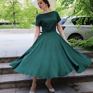 Short Sleeve Swing Midi Linen Dress 3663 Short Sleeve Swing Midi Linen Dress 3663