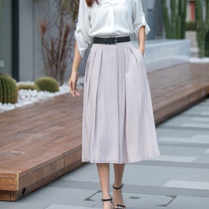 Pleated swing midi skirt, Midi Linen Skirt, Swing Linen Skirt With Pockets, Womens Skirt, A Line skirt, Xiaolizi, Handmade skirt 2882 image 10