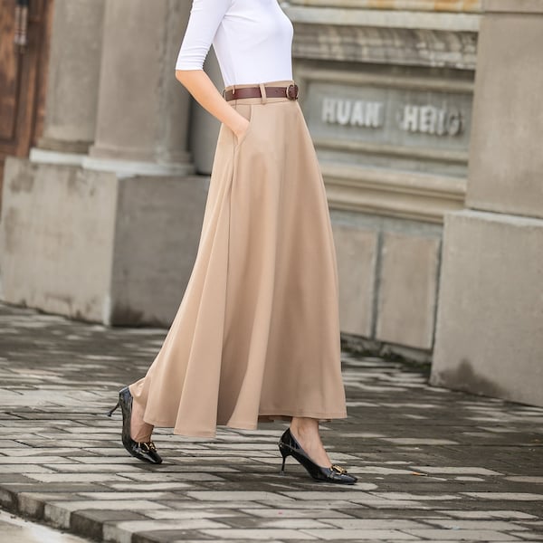 A-Line khaki Work maxi Skirt, Long skirt, A Line Swing skirt with pockets, High waist maxi skirt women, Summer skirt, minimalist skirt 2780#