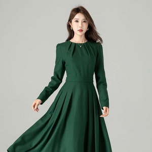 Green Wool Dress, Fit and Flare Wool Dress, Swing Wool Dress, Winter/Fall Dress, Wedding Guest dress, Retro wool dress, Xiaolizi 4494#