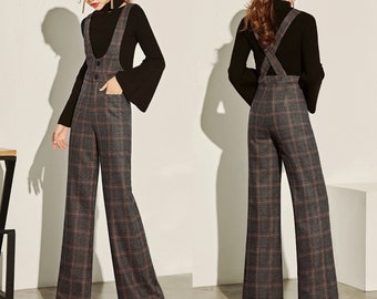 Brown Plaid Suspender Wool Pants Women, Autumn Winter Straight-leg Pants, High waist pants, Long Suspender Pants, Custom made Pants 3964#