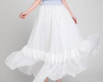 chiffon skirt, maxi skirt, wedding skirt, white skirt, summer skirt, romantic skirt, boho skirt, beach skirt, elastic waist skirt 1878