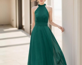 Hanging Neck Chiffon Dress, Green Summer Dress, Sleeveless Long Chiffon Dress, Party Dress, Elegant Pleated Chiffon dress, Xiaolizi 5172