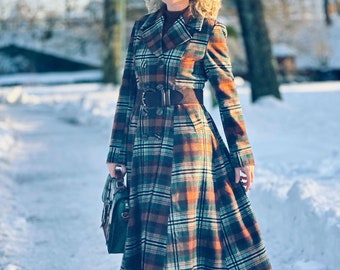 Wool Coat, Plaid Wool Coat, Long Wool Coat Women, A line Wool Coat, Fit and Flare Coat, Swing Coat, Princess Winter Coat, Xiaolizi 4807#