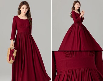 Robe en lin, robe en lin rouge, robe longue en lin, robe évasée en lin, robe en lin pour femme, robe de soirée en lin, robe personnalisée, Xiaolizi 4924