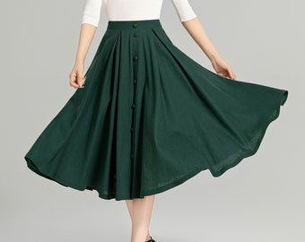 Linen skirt, Midi linen Skirt Women, Button down skirt, Swing Skirt, Green High Waisted linen skirt, Spring linen skirt, Xiaolizi 4963