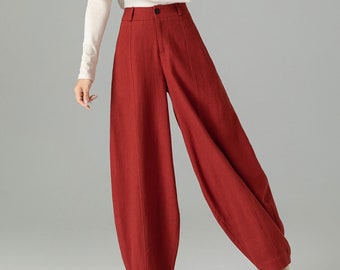 Red Linen Pants, Linen Baggy Pants, Womens Pants with Pockets, Casual Wide Leg Linen Pants, Long Linen Pants, Custom Pants, Xiaolizi 4502#
