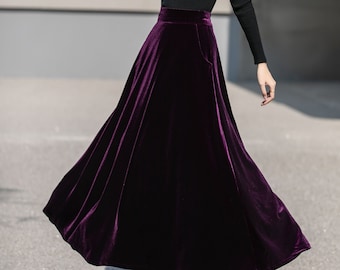 Purple Long Velvet Skirt, Swing Velvet Skirt, High Waisted Skirt, Women Long Party Skirt, A Line Velvet Skirt, Custom Skirt, Xiaolizi 4136