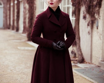 Burgundy Long Wool Coat, Swing Princess Coat, Double Breasted Coat for Women, Vintage 1950s Wool Coat, Custom Winter Coat, Xiaolizi 4124