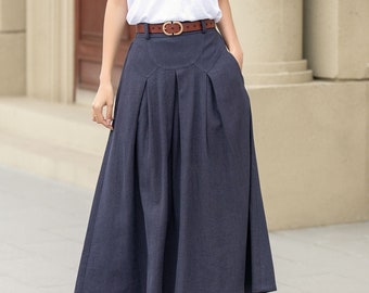 Linen skirt, Long Linen Skirt, Maxi womens skirt, A Line skirt, Blue linen skirt with pockets, minimalist skirt, Custom skirt, Xiaolizi 4943