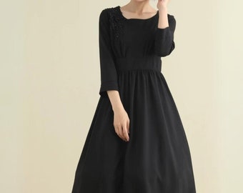 Robe en lin noire, robes pour femmes, robe midi, robe ajustée et évasée, robe d'invité de mariage, robe mod, robe personnalisée, Xiaolizi 2794