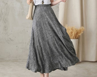 Long Linen Skirt, Grey Linen Maxi Skirt with pockets, A Line Full Skirt, Women's Summer Autumn Skirt, Minimalist skirt, Custom skirt 2822#