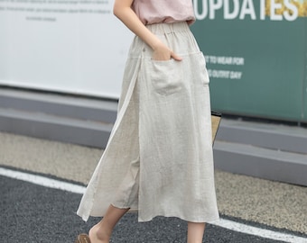 Weekend Getaways, Linen skirt, Linen Midi skirt, Natural womens A Line Skirt with Pockets, Summer Skirt, Custom Skirt, Xiaolizi 4264
