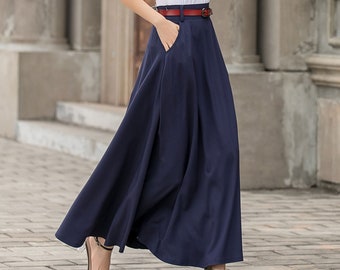 A Line Long maxi Skirt for women, Navy Blue Semi-formal skirt with pockets, minimalist skirt, casual outings skirt, Custom made skirt 2716#