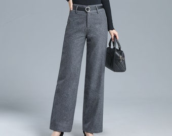 Warm Wool Long Pants, Winter Straight Leg Pants, High Waist