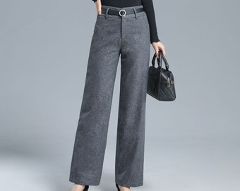 Warm Wool Long Pants, Winter Straight Leg Pants, High Waist Pants, Pocket Pants, Gray Pants Women, Wide Leg Pants, Minimalist Pants K3136