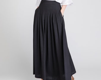 Vintage pendleton Linen skirt, black linen maxi skirt, high waisted skirt with pockets, long linen skirt, pleated skirt, summer skirt 1890#