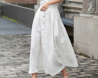 White Linen skirt, Button front Midi Skirt, Womens Linen midi skirt, A-Line Skirt, Plus size skirt, Summer Skirt with Pockets, Xiaolizi 4298