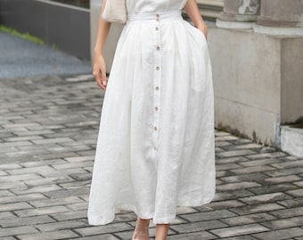 White Linen skirt, Linen Midi skirt, Button front Skirt, Womens Long Linen skirt, A-Line Skirt, Summer Skirt with Pockets, Xiaolizi 4298