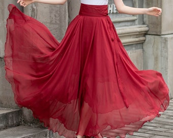 Maxi jupe évasée rouge en mousseline de soie, jupe longue circulaire en mousseline de soie pour femme, jupe longue fluide plissée, jupe en mousseline de soie avec ceinture, vêtements mod 4293