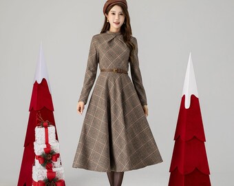 Plaid Wool Dress, Vintage Inspired Wool Dress, Long Sleeves Swing
