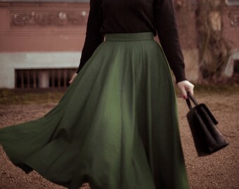 Wool Skirt, Green Midi Wool Skirt, Circle Skirt, Inspired Pleated Skirt, High Waist Skirt, Swing Skirt, Autumn Winter skirt, Xiaolizi 4738