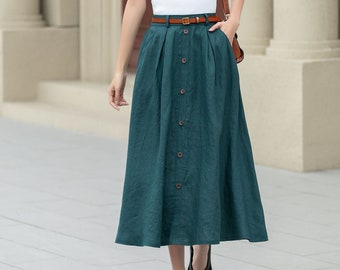 Linen skirt, Women's Midi skirt, A-Line linen Skirt, Button front Skirt, Dark Green Midi skirt with pockets, Plus size Skirt, Xiaolizi 4970