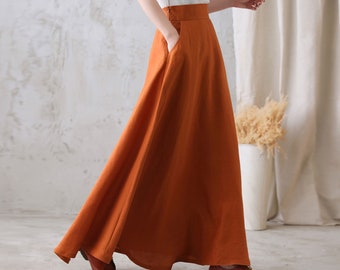 Falda maxi de lino de línea A naranja, falda de lino larga de cintura alta, falda de lino orgánico fluida con bolsillos, falda plisada, falda de otoño de verano 2768