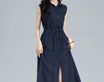 Sleeveless Linen Shirt Dress, Blue Linen Midi Dress, Women's Summer button front Dress, Minimalist Dress, Plus size Dress, XiaoLizi 3619#