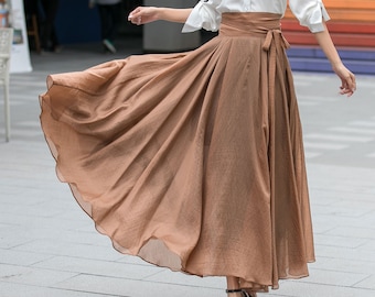 Summer Swing Chiffon maxi Skirt, Circle Long chiffon Skirt for Women, Flowy Pleated Long Skirt, Belted chiffon skirt, Mod Clothing 3533