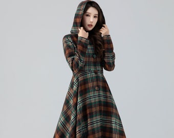 Wool coat, Midi plaid wool caot, Hooded wool coat, Swing wool coat women, Winter warm wool coat, Princess coat, Custom coat, Xiaolizi 4784