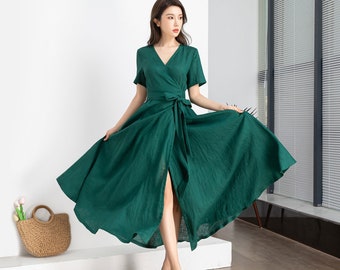 Green Wrap Linen dress, Summer Linen Maxi dress, Womens dress, Long Linen dress, Dress with pockets, Short Sleeve dress, Custom dress 4248#