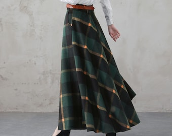 Groene lange wollen geruite rok, maxi wollen rok met zakken, tartan rok, vintage swing a lijn rok, volledige herfst winter rok, Xiaolizi 4000 #