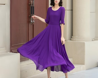 Women's Chiffon Dress, A Line Summer Chiffon Dress, Purple Boho Dress, Big Swing Dress, Circle Chiffon Dress, Ankle Length Dress 5116
