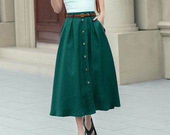 Green Linen skirt, Women's Midi skirt, A-Line linen Skirt, Button front Skirt, Midi skirt with pockets, Plus size Skirt, Xiaolizi 4967