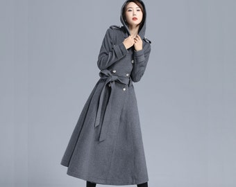 Women Military Winter Wool Coat with Hood, Long Wool Trench Coat, Grey Hooded Wool Coat, Swing Belted Coat, Warm Wool Outwear Xiaolizi 3213