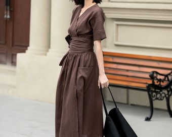 Linen dress, Midi linen dress, Womens linen dress, Summer linen dress, Fit and flare brown linen dress, Custom dress, Xiaolizi 4957