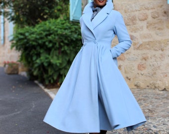 1950er Jahre Vintage inspirierter Wollmantel, Wollprinzessinmantel, blauer Mantel, langer Wollmantel, Wintermantel, Wollmantel Frauen, Fit und Flare Mantel 2407 #