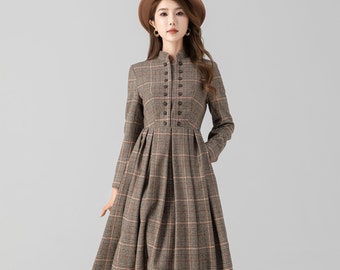 Plaid wool dress, Long wool dress, Maxi swing wool dress, Autumn winter wool dress, Womens pleated wool dress, Custom dress, Xiaolizi 4669