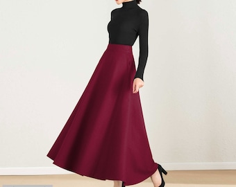 Burgundy Long Wool Maxi Skirt, Winter Skirt Women, Vintage 1950s A Line Wool Skirt, Plus size Skirt with Pocket, High Waist Full Skirt 2490