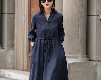 Swing Linen shirt dress, Button front shirtdress with pockets, high waist swing midi collarless  dress, Custom made Dress 2594#