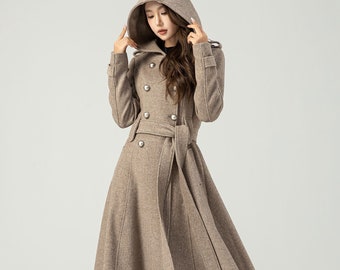 Hooded Wool Coat, Long Wool Coat, Double Breasted Coat, Trench