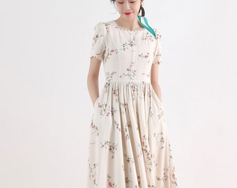 Flower Linen maxi dress, Linen dress, Linen Shirt dress, Short sleeve Linen dress, Modest Linen dress, Custom made dress, Xiaolizi 2518#