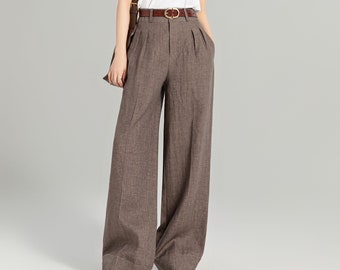 Pantalon en lin, Pantalon large pour femme, Pantalon à plis, Pantalon long, Pantalon avec poches, Grande taille disponible, Pantalon personnalisé, Xiaolizi4964