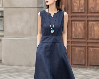 Sleeveless Linen Midi Dress, Casual Sun Dress, Linen Midi Dress